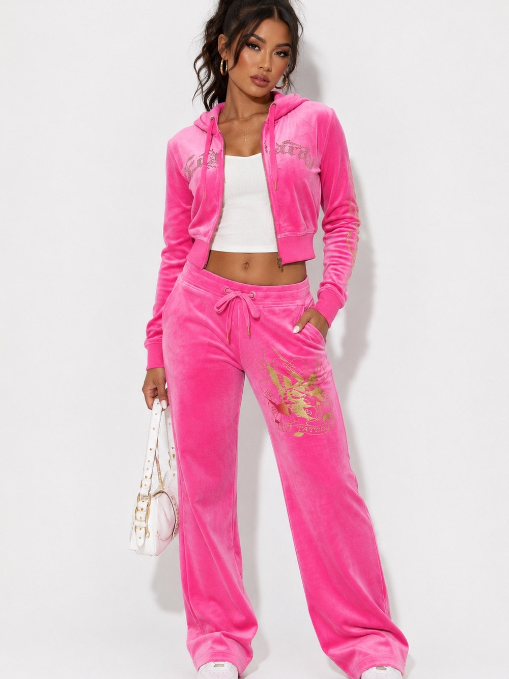 Ed Hardy  Pink Velour Tracksuit Set • Y2K Style • Size S/XS/M